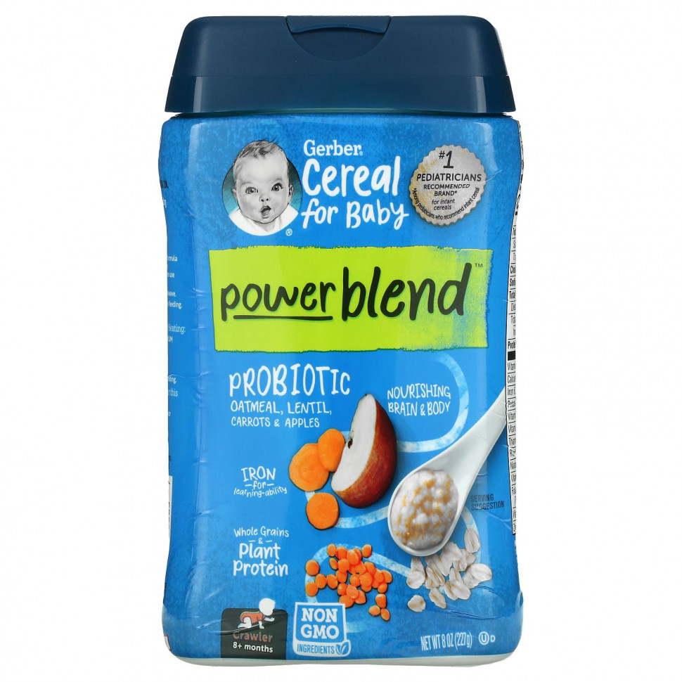 Gerber, Powerblend Cereal for Baby, Probiotic Oatmeal, Lentil, Carrots & Apples, Crawler, 8+ Months, 8 oz (227 g)  1210