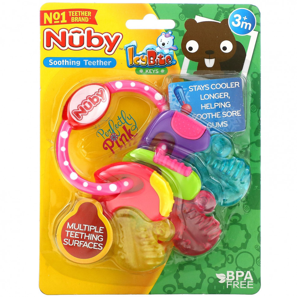 Nuby, Soothing Teether, Icy Bite Keys, 3+ Months, Perfectly Pink, 1 Count  1190