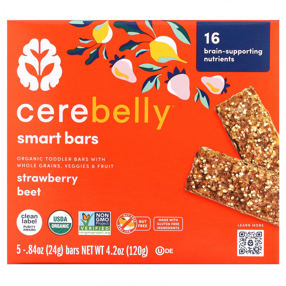 Cerebelly, Smart Bars, Organic Toddler Bars, Strawberry Beet, 5 Bars, 0.84 oz (24 g) Each  1390
