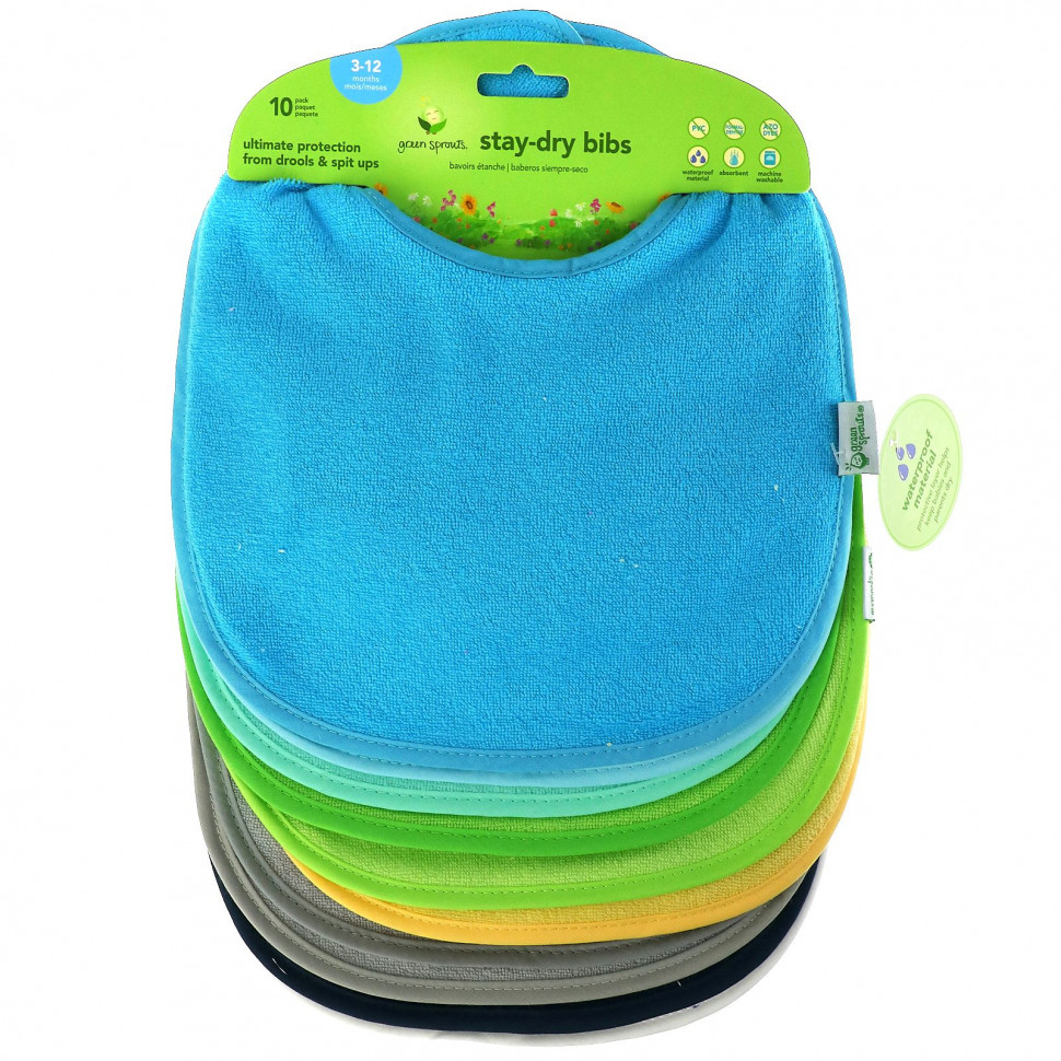Green Sprouts, Stay-dry Infant Bibs, 3-12 Months, Aqua, 10 Pack  4970