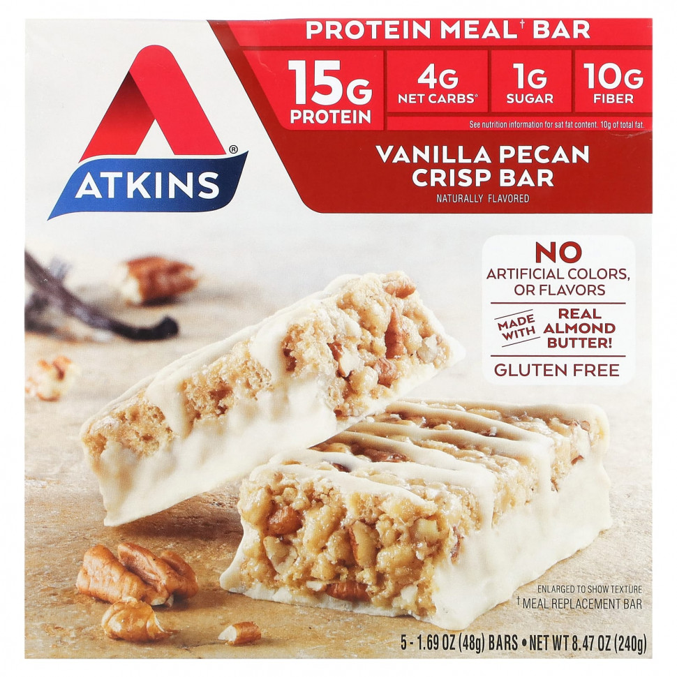 Atkins, Protein Meal Bar, Vanilla Pecan Crisp Bar, 5 Bars, 1.69 oz (48 g) Each  2610