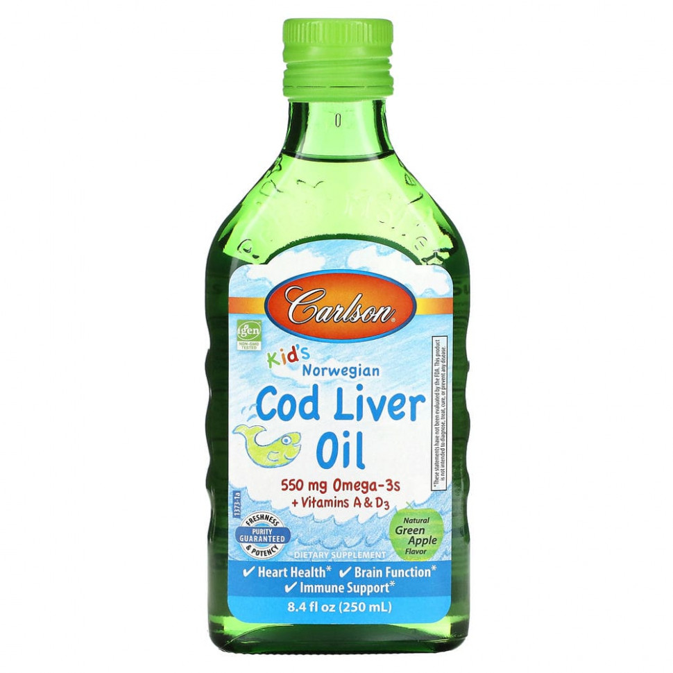 Carlson, Kids Cod Liver Oil, Natural Green Apple , 550 mg, 8.4 fl oz (250 ml)  4780