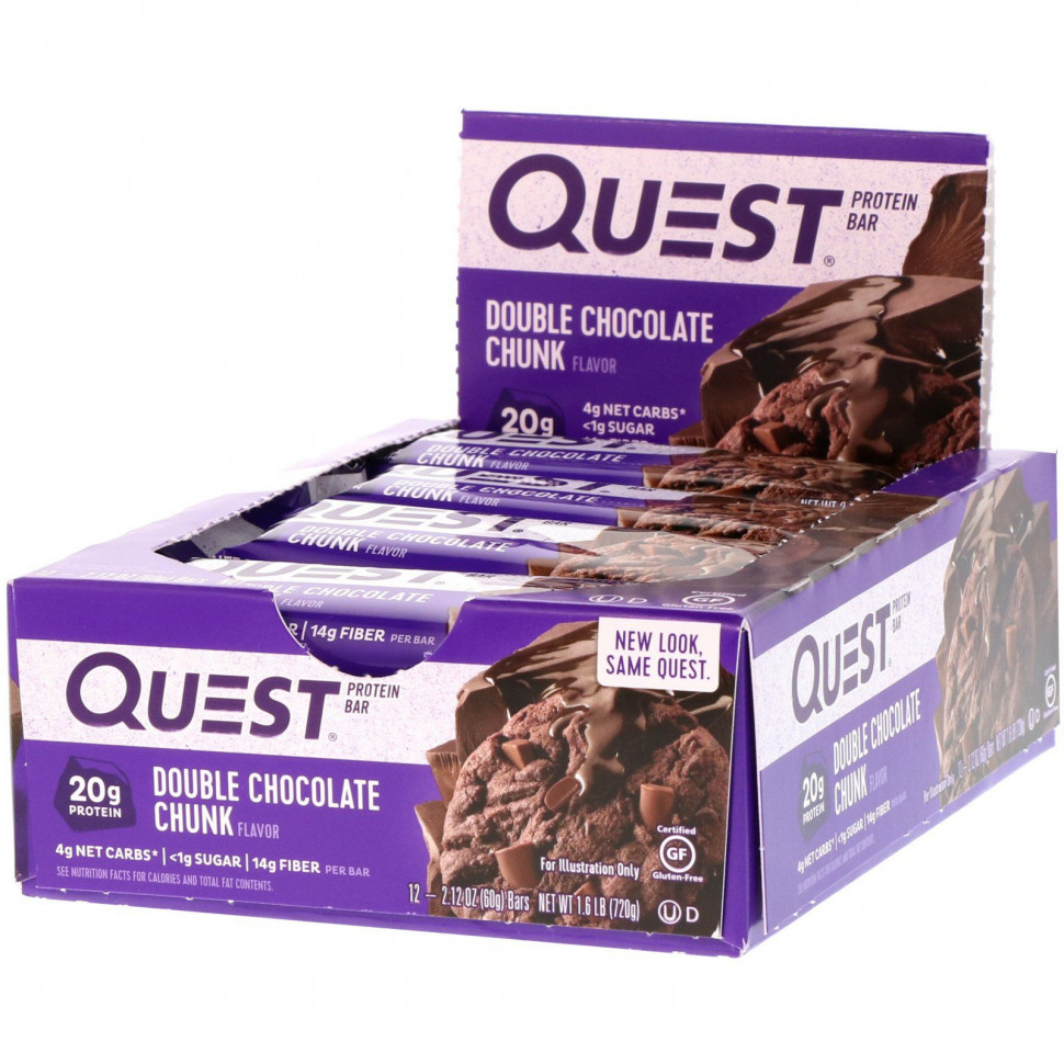 Quest Nutrition, QuestBar, Protein Bar, Double Chocolate Chunk, 12 Bars, 2.12 oz (60 g) Each  7200