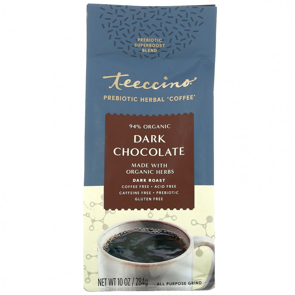 Teeccino, Prebiotic Herbal Coffee, Dark Roast, Caffeine Free, Dark Chocolate, 10 oz (284 g)  3350