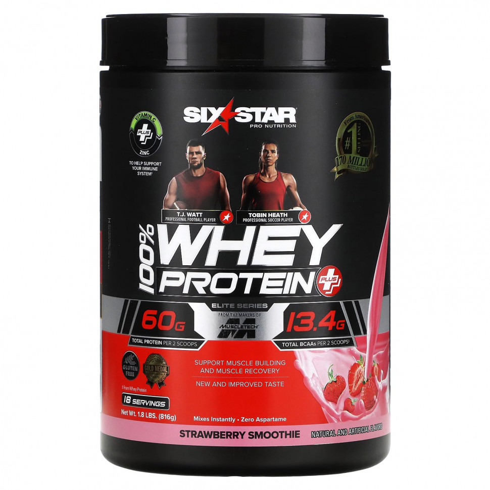 SIXSTAR, Elite Series, 100% Whey Protein Plus, Strawberry Smoothie, 1.8 lbs (816 g)  5500