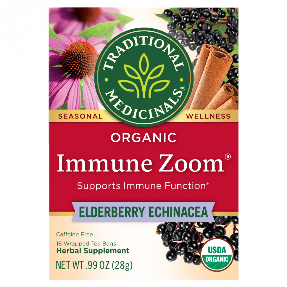 Traditional Medicinals, Organic Immune Zoom, Elderberry Echinacea, Caffeine Free, 16 Wrapped Tea Bags, 0.06 oz (1.75 g) Each  1150