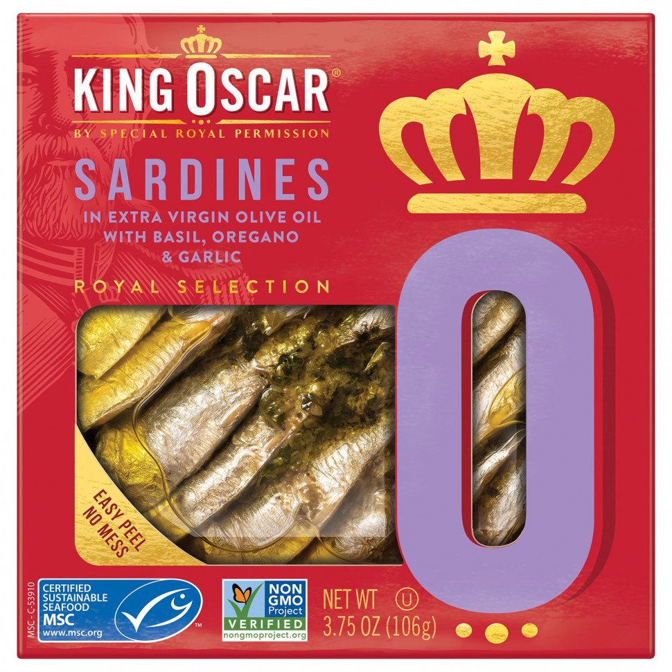 King Oscar, Sardines In Extra Virgin Olive Oil with Basil, Oregano & Garlic, 3.75 oz ( 106 g)  900