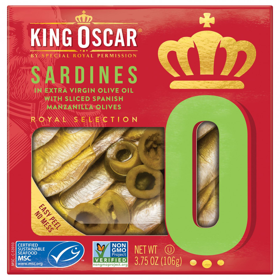 King Oscar, Sardines In Extra Virgin Olive Oil With Sliced Spanish Manzanilla Olives, 3.75 oz ( 106 g)  900