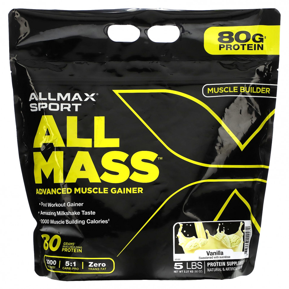 ALLMAX, Sport, All Mass, Advanced Muscle Gainer, Vanilla, 5 lbs, 2.27 kg (80 oz)  8570