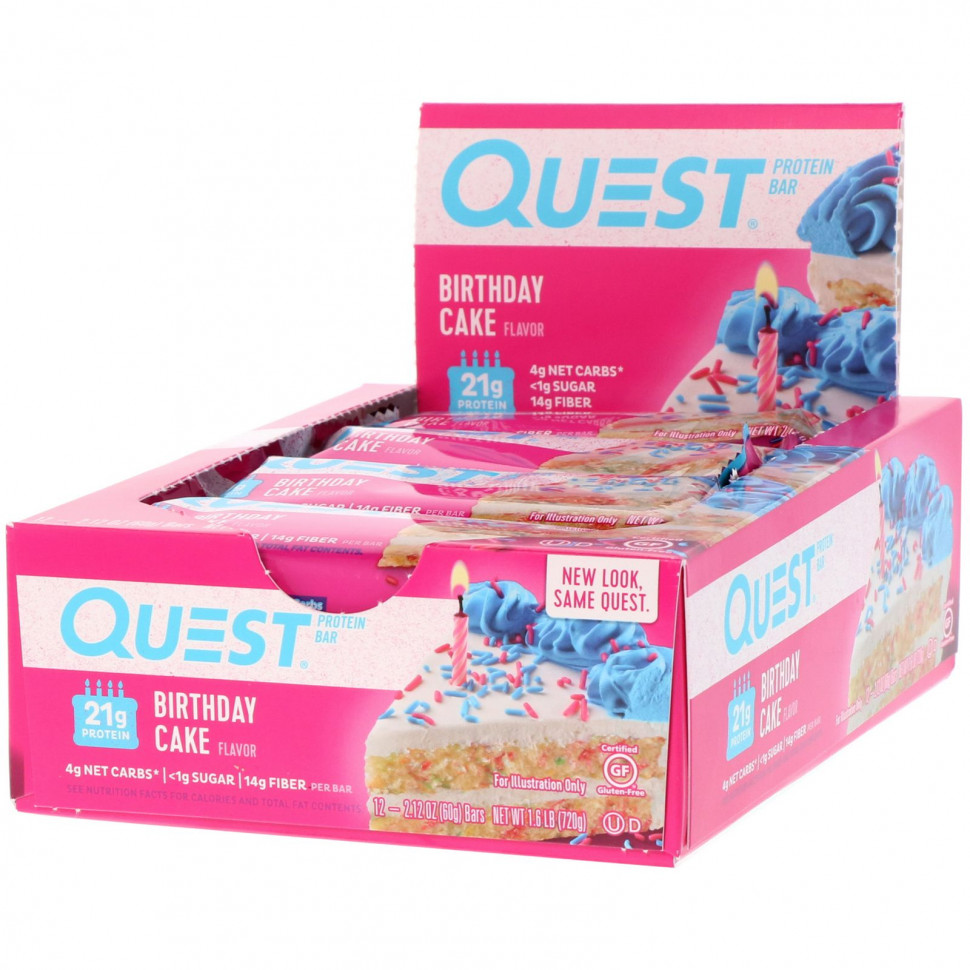 Quest Nutrition, Quest Protein Bar, Birthday Cake, 12 Pack, 2.12 oz (60 g) Each  7200