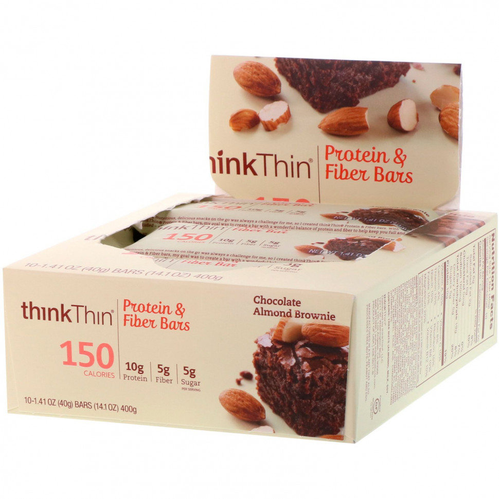 Think !, High Protein Bars, Chocolate Almond Brownie, 10 Bars, 1.41 oz (40g) Each  4130