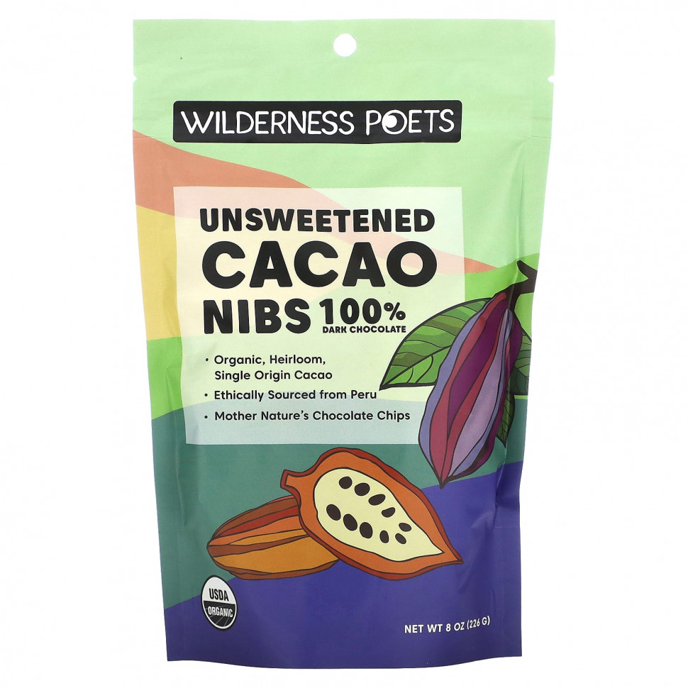 Wilderness Poets, Unsweetened Cacao Nibs, Dark Chocolate, 8 oz (226 g)  2260