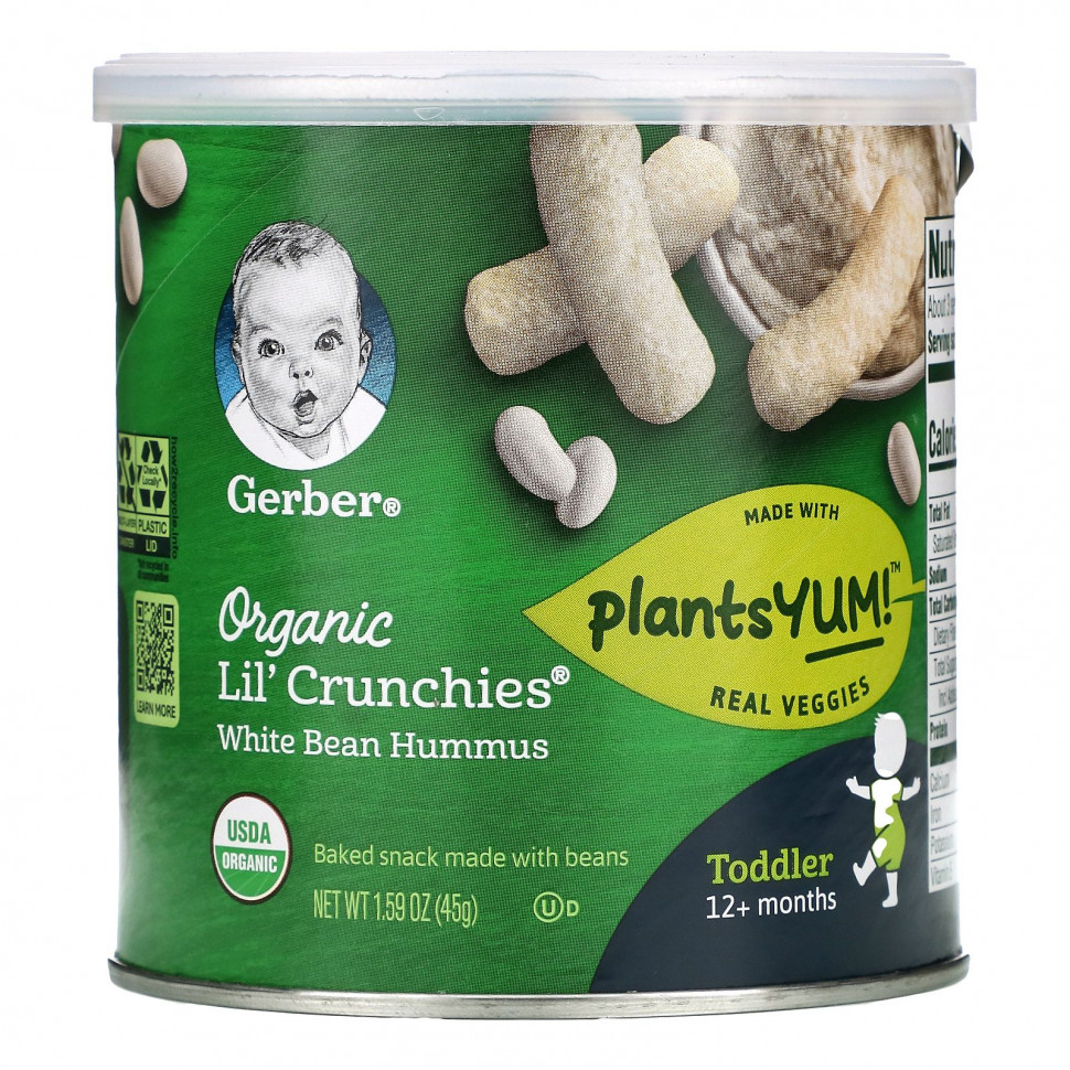Gerber, Organic Lil' Crunchies, White Bean Hummus, Toddler, 12+ Months, 1.59 oz (45 g)  1200