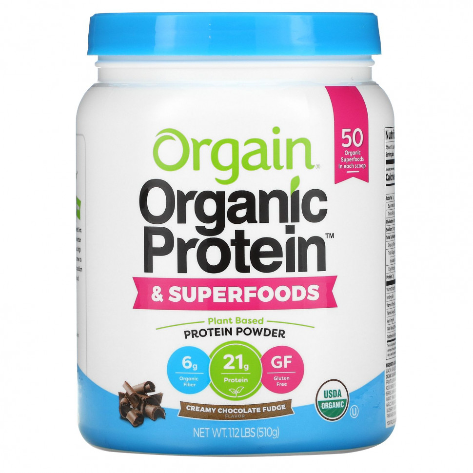 Orgain, Organic Protein & Superfoods Powder, Plant Based, Creamy Chocolate Fudge, 1.12 lb (510 g)  5150