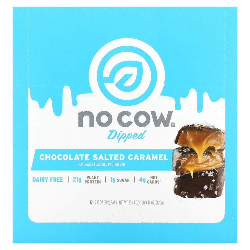 No Cow, Dipped Protein Bar, Chocolate Salted Caramel, 12 Bars, 2.12 oz (60 g) Each  6690