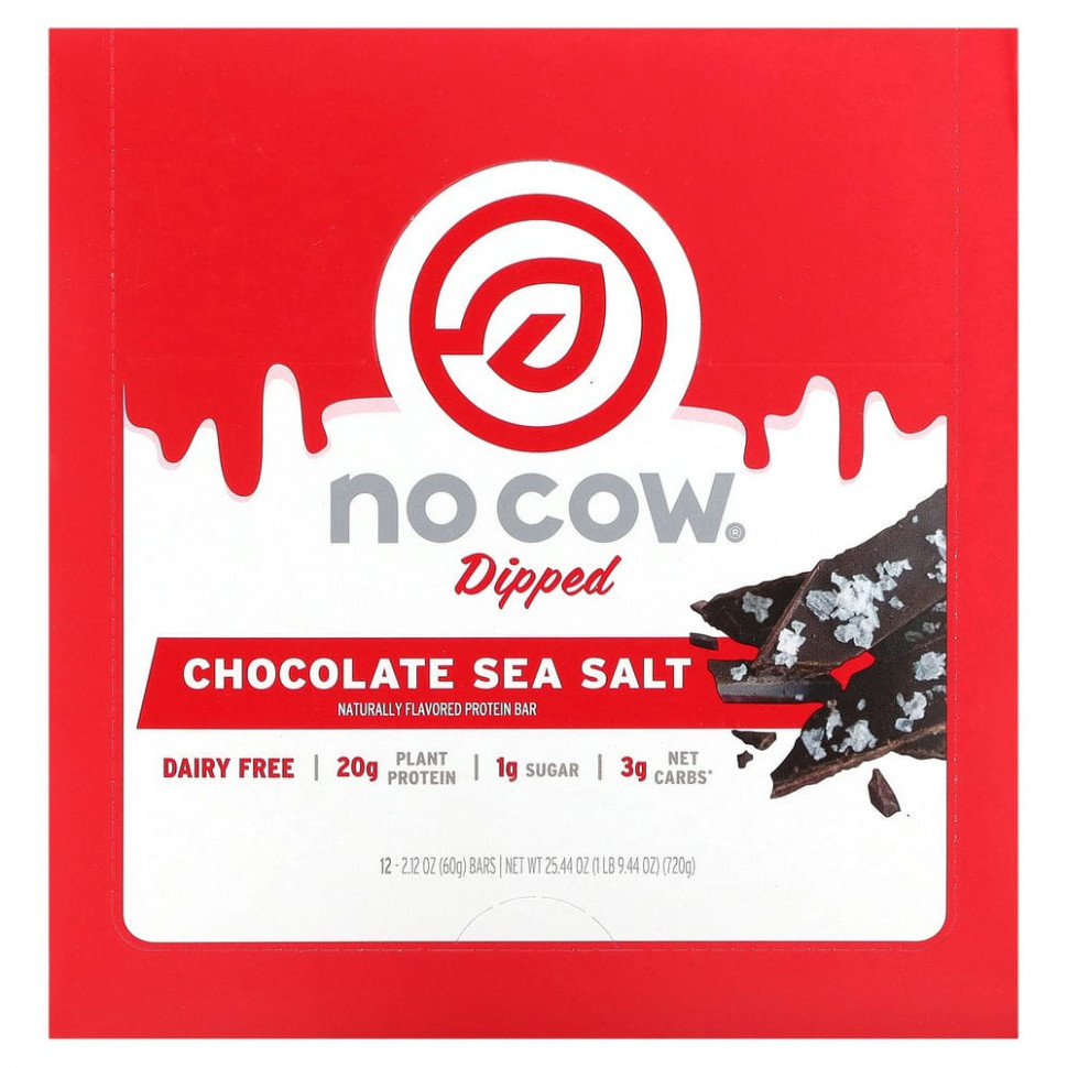 No Cow, Dipped Protein Bar, Chocolate Sea Salt, 12 Bars, 2.12 oz (60 g) Each  6670