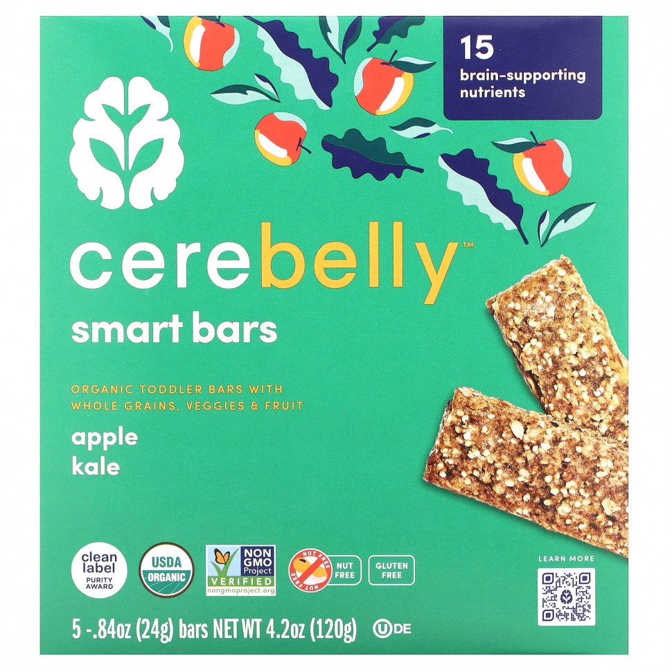 Cerebelly, Smart Bars, Organic Toddler Bars, Apple Kale, 5 Bars, 0.84 oz (24 g) Each  1390