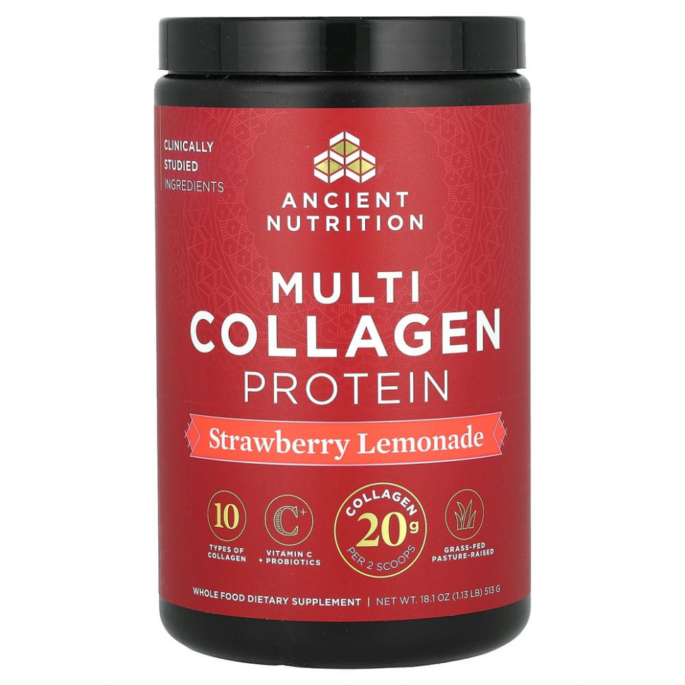 Dr. Axe / Ancient Nutrition, Multi Collagen Protein, Strawberry Lemonade, 1.18 lbs (535.5 g)  8150