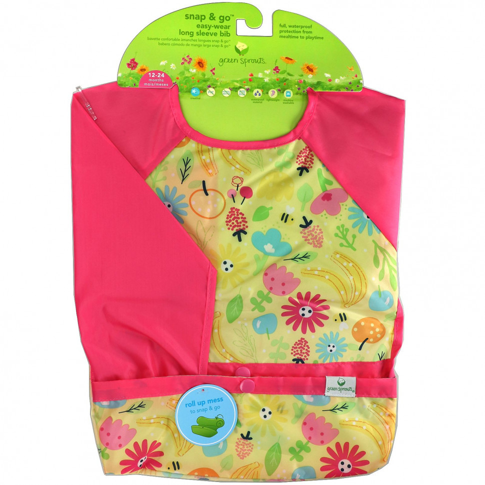 Green Sprouts, Snap & Go Easy Wear Long Sleeve Bib, Pink Bee Floral  2450