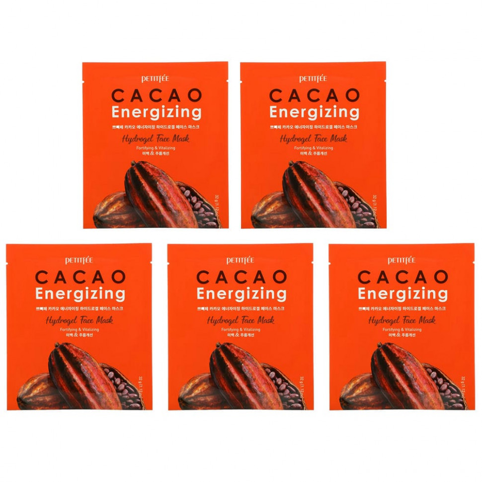 Petitfee, Cacao Energizing Hydrogel Face Mask, 5 Pack, 1.12 oz (32 g)  2720