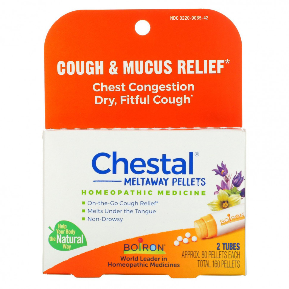 Boiron, Chestal Meltaway Pellets, Cough & Mucus Relief, 2 Tubes, Approx 80 Pellets Each  2730