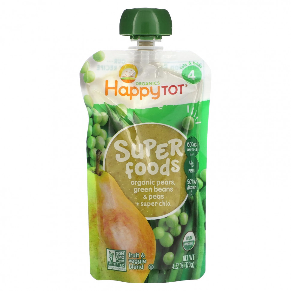 Happy Family Organics, Happytot, Superfoods, Organic Pears, Green Beans & Peas + Super Chia, 4.22 oz (120 g)  540