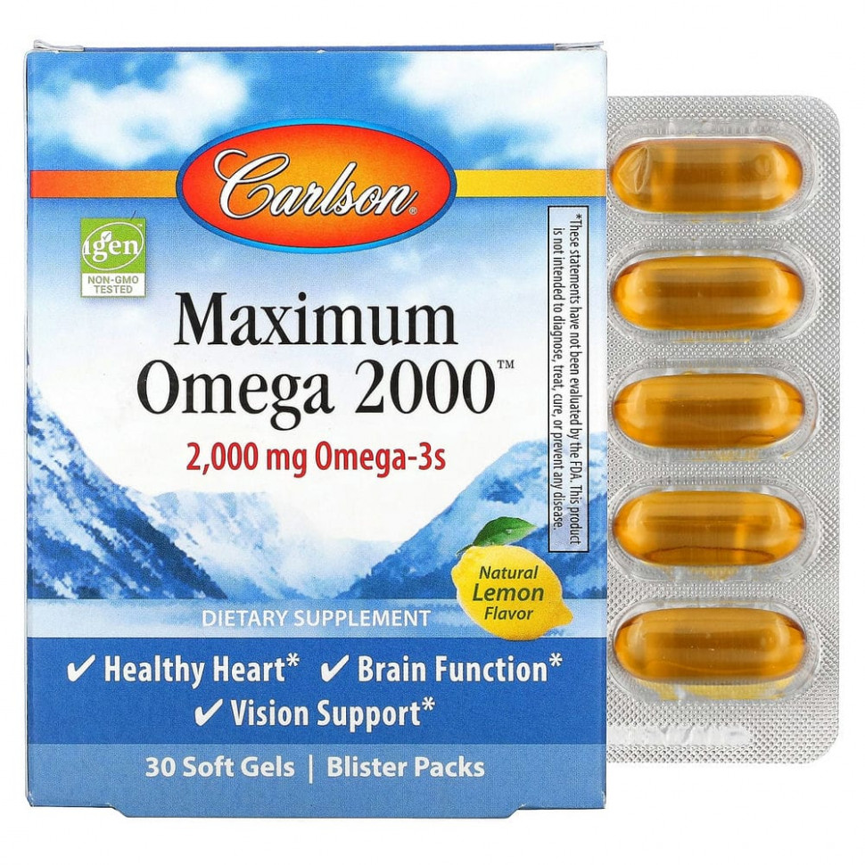 Carlson Labs, Maximum Omega 2000, Natural Lemon, 1,000 mg, 30 Softgels  2140