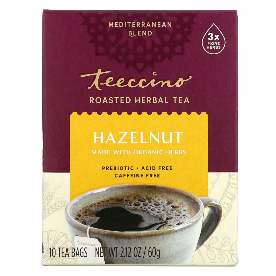 Teeccino, Roasted Herbal Tea, Hazelnut, Caffeine Free, 10 Tea Bags, 2.12 oz (60 g)  1110