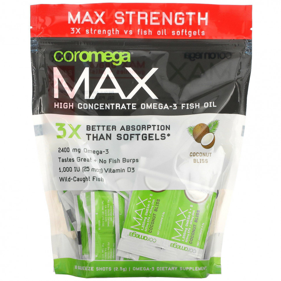 Coromega, Max High Concentrate Omega-3 Fish Oil, Coconut Bliss, 90 , 2,5    9050