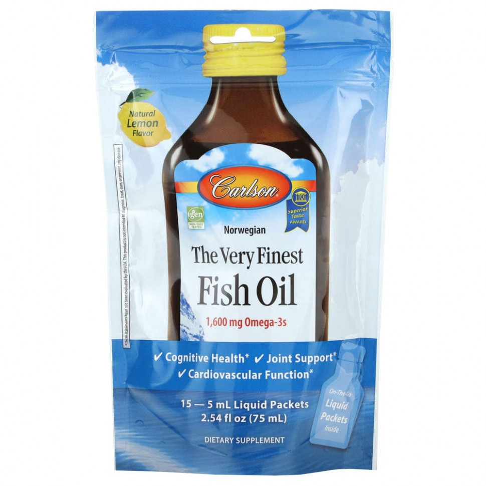 Carlson, Norwegian, The Very Finest Fish Oil, Natural Lemon, 1,600 mg, 15 Packets, (5 ml) Each  3760