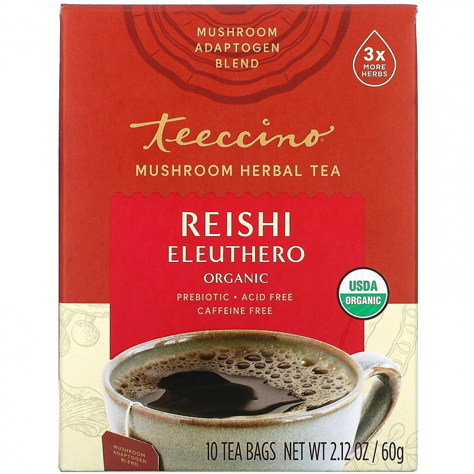 Teeccino, Mushroom Herbal Tea, Organic Reishi Eleuthero, French Roast, Caffeine Free, 10 Tea Bags, 2.12 oz (60 g)  1640