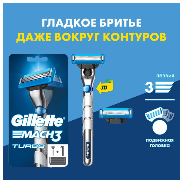 ���� ������ ��� ������ GILLETTE Mach3 Turbo 3D + 1 ������� 3 ������, ����, ������ ������ �� 899 ���